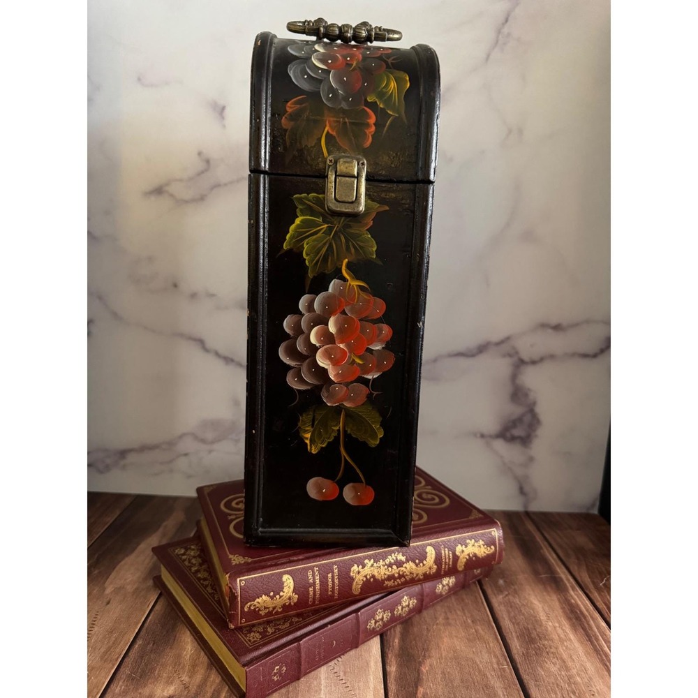 Z Gallerie Sorrento Hand Painted Grape Wine Box Black Wood Single Bottle Carrier